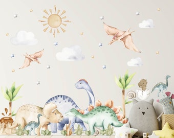 Cute Dinosaurs Wall Decal, Watercolor Wall Sticker, Nursery Mural, Baby Wall Art, Pastel Colored Decals, Jurassic Wall Decal Set