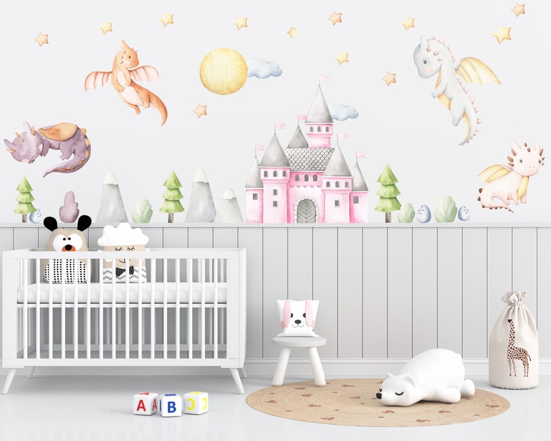 Watercolor Dragon Nursery Wall Decal: Castle Mural, Baby Wall Art - Etsy