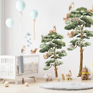 Sticker mural aquarelle arbre forêt, sticker mural forêt aquarelle, décoration murale pour chambre d'enfant, sticker mural arrière-pays, sticker arbre peel and stick