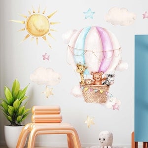 Hot Air Balloon Nursery Wall Decal, Safari Animals Nursery Watercolor Wall Decal, Nursery Mural, Peel and Stick Nursery Decal