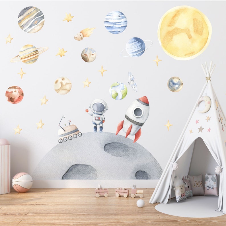 Space Wall Decals, Planets Wall Sticker, Nursery Solar System Mural, Baby Wall Art, Earth Sun Moon Wall Decal Set Large Set