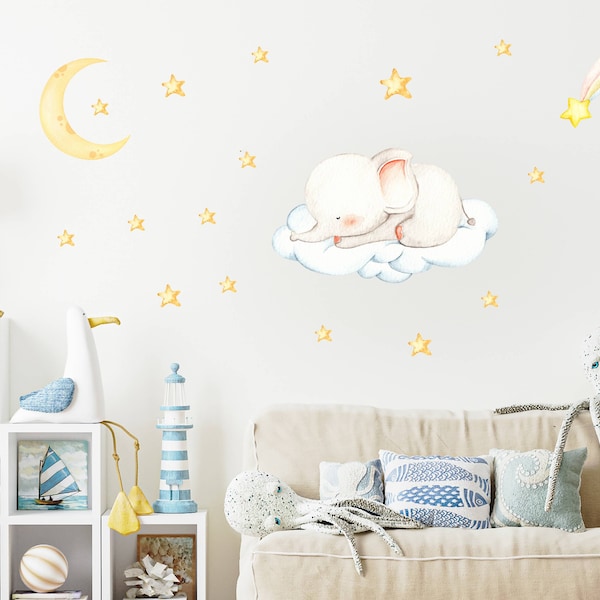 Sleeping Elephant and Stars Nursery Wall decal, Nursery sticker, Watercolor Peel and Stick Wall Decal, Baby Room Mural