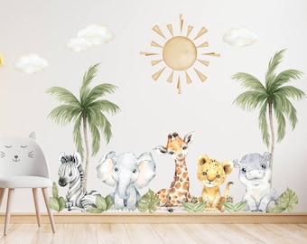 Baby Safari Animals Watercolor Wall Decal, Watercolor Wall Sticker, Nursery Mural, Lion, Elephant Wall Decal, Peel and Stick Tree Decal