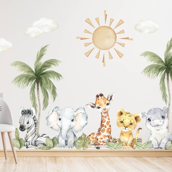 Baby Safari Animals Watercolor Wall Decal, Watercolor Wall Sticker, Nursery Mural, Lion, Elephant Wall Decal, Peel and Stick Tree Decal