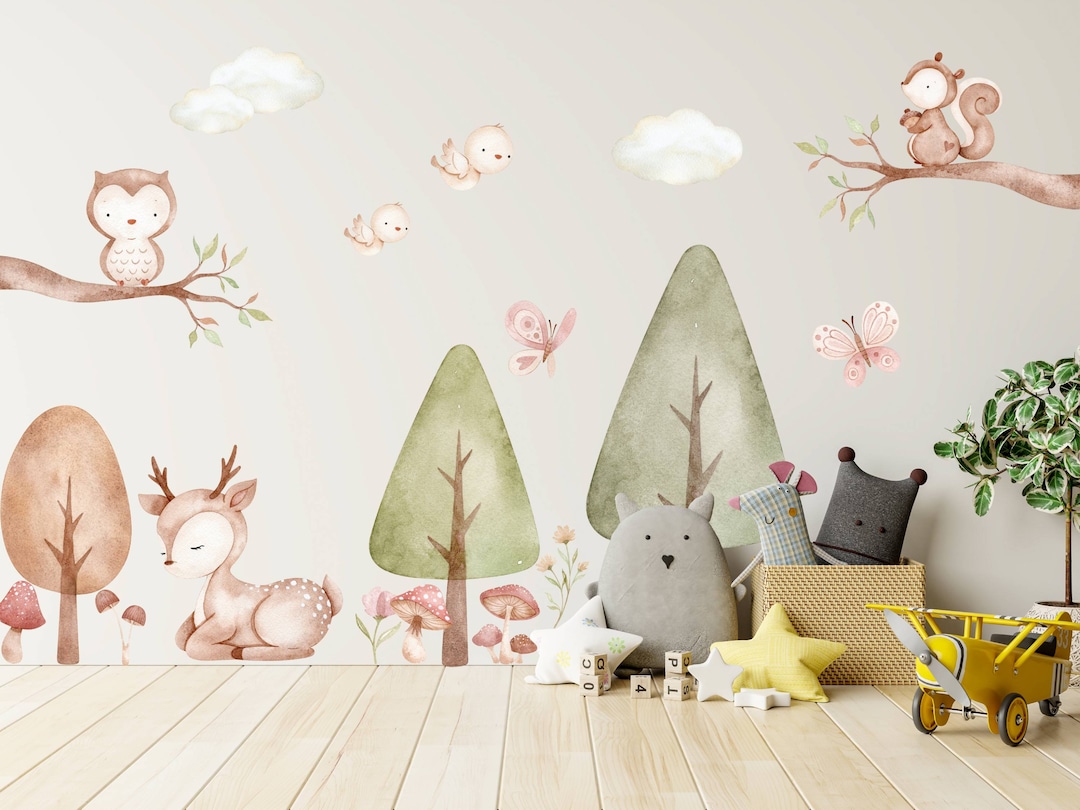 Watercolor Forest Animals Wall Decal: Pastel Nursery Mural - Etsy