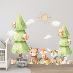 Baby Forest Animals Watercolor Wall Decal, Watercolor Wall Sticker, Nursery Mural, Bear, Deer Wall Decal, Peel and Stick Tree Decal