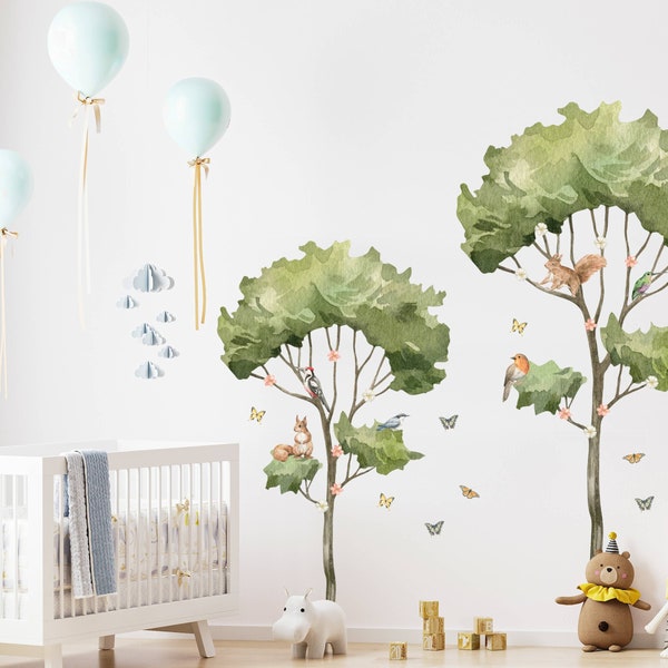 Watercolor Forest Tree Wall Decal: Peel and Stick Nursery Mural