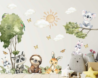 Forest Animals Watercolor Wall Decal, Watercolor Wall Sticker, Nursery Mural, Koala, Kangaroo Wall Decal, Peel and Stick Tree Decal