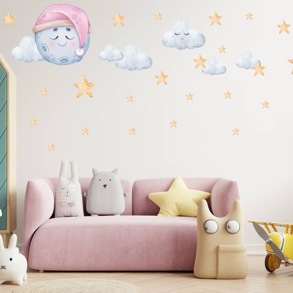 Sleeping Moon and Stars Wall decal, Nursery sticker, Watercolor Peel and Stick Wall Decal, Baby Room Mural