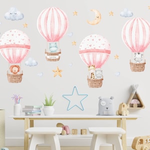 Hot Air Balloon Wall decal, Personalised Nursery sticker, Watercolor Animals Nursery Wall Decal, Baby Room Wall Decal, Customized