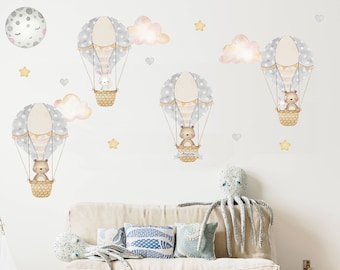 Heteluchtballon kwekerij muursticker, beer muur sticker, gepersonaliseerde kwekerij muurschildering, baby kunst aan de muur, aquarel muur stickers, wolken muur sticker