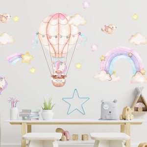 Unicorn Hot Air Balloon Wall Decal, Watercolor Wall Sticker, Nursery Mural, Baby Girl Wall Art, Pastel Colored Stars, Rainbow Wall Sticker