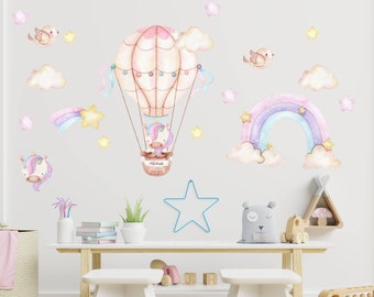 Unicorn Hot Air Balloon Wall Decal, Watercolor Wall Sticker, Nursery Mural, Baby Girl Wall Art, Pastel Colored Stars, Rainbow Wall Sticker