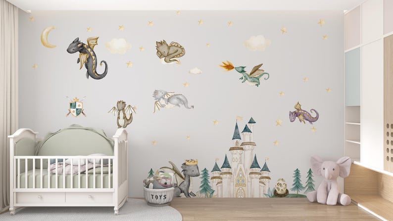 Watercolor Dragon Nursery Wall Decal: Castle Mural, Baby Room Decor - Etsy