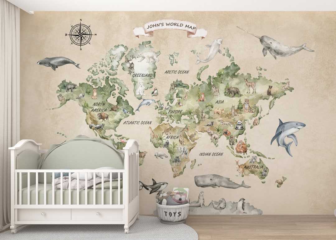Nursery Watercolor World Map Peel and Stick Wallpaper - PVC Free ...
