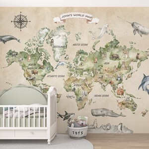 Kinderzimmer Aquarell Weltkarte schälen und aufkleben Wallpaper - PVC freie Tapete - Kinder Wandbild - maßgeschneiderte Welt Wallpaper - mehrsprachig