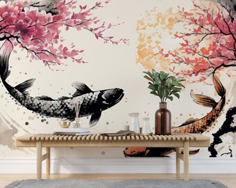 Puede incluir: Una impresión de acuarela con dos peces koi nadando en direcciones opuestas, rodeados de ramas de cerezo rosa y naranja. Un banco de madera con un jarrón de plantas verdes se encuentra frente a la impresión.