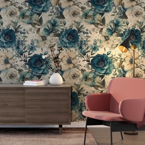 Blue Floral Peel and Stick Wallpaper: Canvas Flower Wall Mural