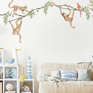 Safari Animals Nursery Wall Decal, Jungle Wall Sticker, Nursery Mural, Savanna Wall Art, Monkey, Forest Greenery Wall Decal