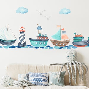 Watercolor Ocean Nursery Wall Decal: Coastal Boats, Lighthouse, Peel and Stick