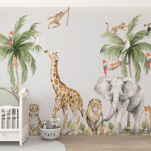 Baby Safari Animals Watercolor Wall Decal, Watercolor Wall Sticker, Nursery Mural, Lion, Elephant Wall Decal, Peel and Stick Tree Decal