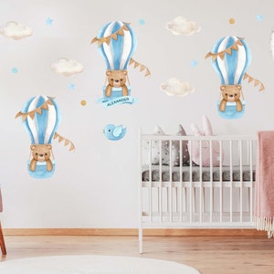 Hot Air Balloon Nursery Wall Decal, Bear Wall Sticker, Personalized Nursery Mural, Baby Wall Art, Watercolor Wall Decals, Clouds Wall Decal