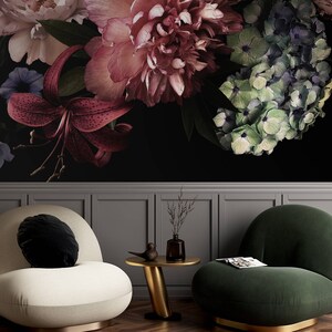 Dark Floral Wallpaper Peel and Stick - Canvas Flower Wallpaper - Decorative Dark Flower Wall Mural - PVC Free Self Adhesive Wallpaper