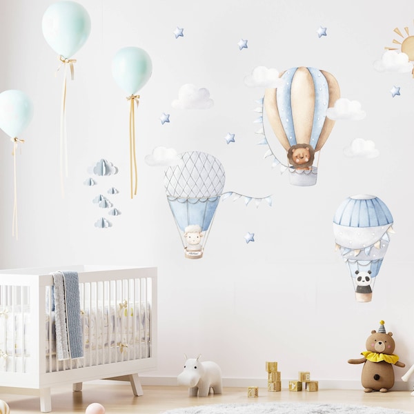 Watercolor Hot Air Balloon Nursery Wall Decal: Animal Theme, Personalized