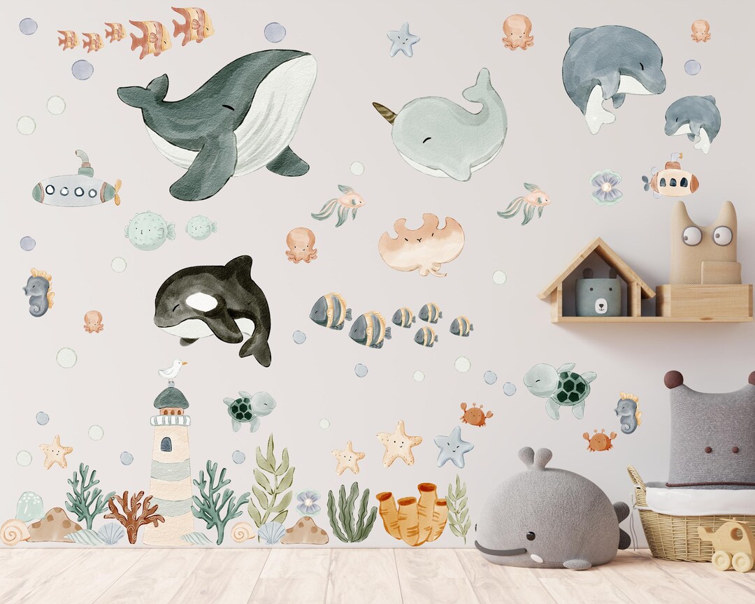 cartoon animals undersea fish whale bubble wall de... – Vicedeal