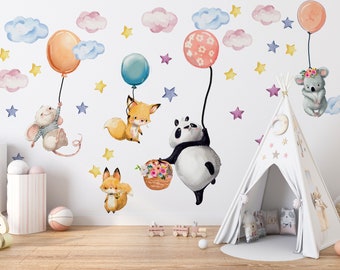 Baby Animals with Balloons Nursery Wall Decal, Watercolor Panda and Fox Wall Sticker, Nursery Mural, Forest Wall Decal, Peel and Stick Decal