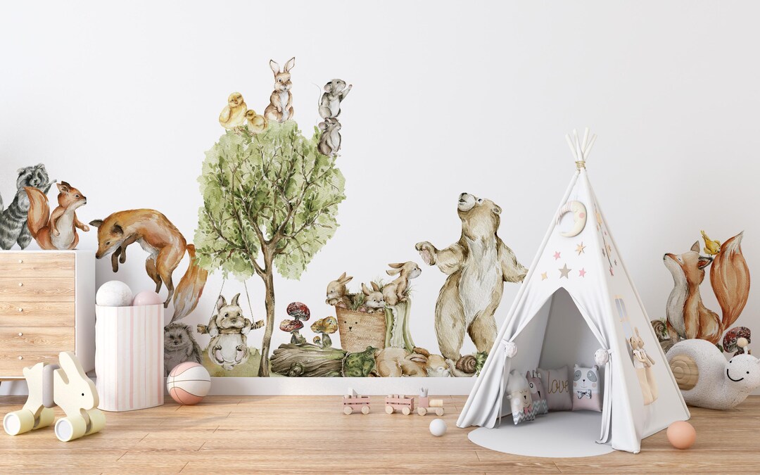 Watercolor Woodland Animals Wall Decal: Peel and Stick Nursery Mural - Etsy