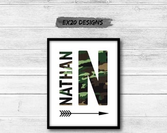Personalized Boys Camouflage Initial, Name, and Arrow Art Print Digital Download Art Print OR We can Print & Mail to You, Custom Gift Boy