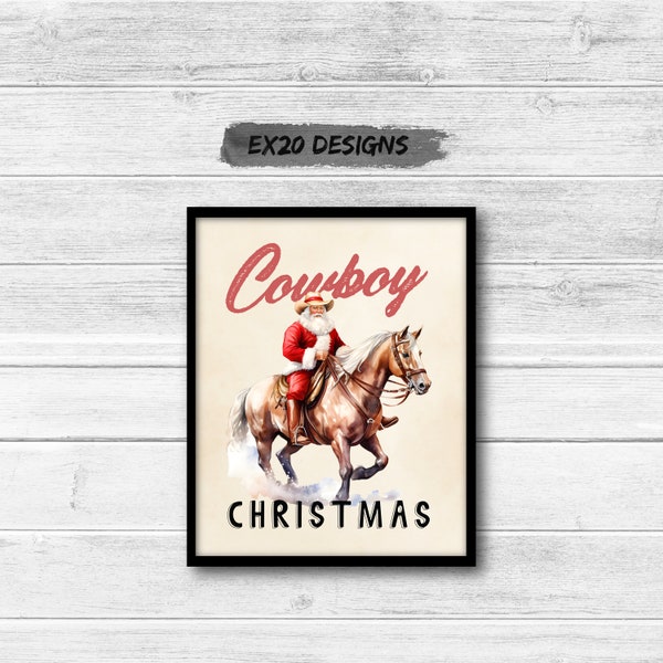 Western Cowboy Christmas DIGITAL DOWNLOAD Art Printable, Western Christmas Decor, Cowboy Santa Claus, Santa on a Horse, Southern Santa, XMAS