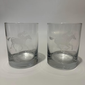 Set of (2) etched horse race jockey bourbon whiskey lowball tumbler glasses