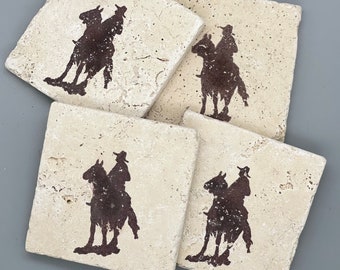 Handcrafted Rustic Tumbled Limestone Cowboy on Horse Coasters w/ Cork Backing: South West Decor, Western Ranch House, Gift , Vaquero, West