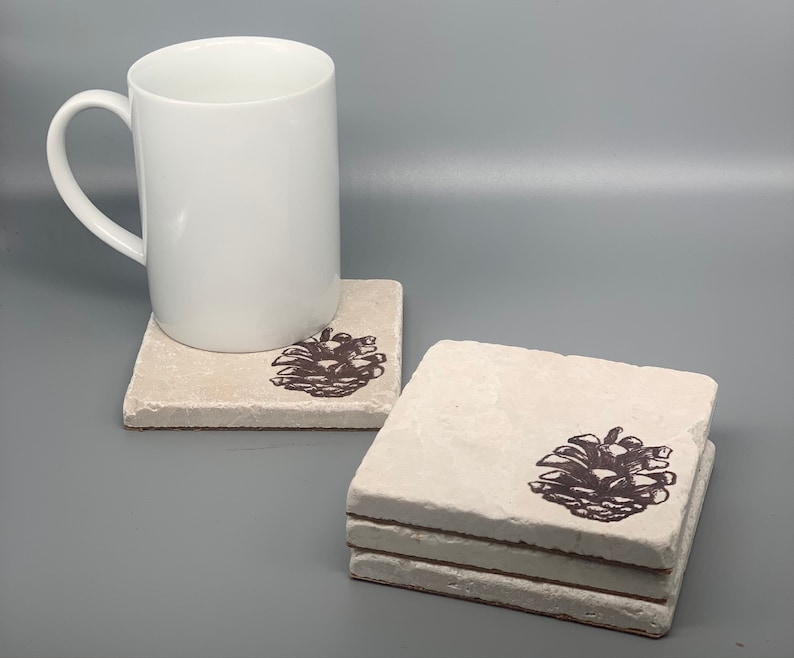 Ski Lodge Tumbled Marble Winter Pine Cone Coasters: Simple Rustic Elegance Gift Him Her Cabin Decor Mountain Home Lake House Woodland
