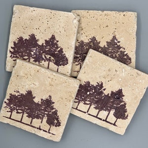 Rustic Forest Woodland Trees Handcrafted Tumbled Limestone Coasters: Cabin, Lake House, Hiking Lodge, Mountain Home, Camping Nature Gift