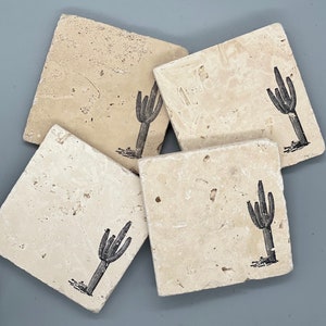 Rustic Handcrafted Tumbled Limestone Cactus Succulent Coasters: South West Desert, Western Ranch House Adobe, Gift for Him Her, Cocktails