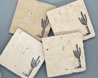 Rustic Handcrafted Tumbled Limestone Cactus Succulent Coasters: South West Desert, Western Ranch House Adobe, Gift for Him Her, Cocktails