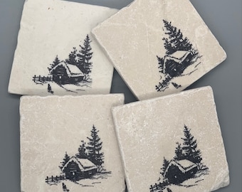 Tumbled Marble Cozy Snowy Cabin Black and White Coasters: Colorado, Canada, Ski Decor, Cabin Coaster, Gift Him Her, Adirondack, Minnesota
