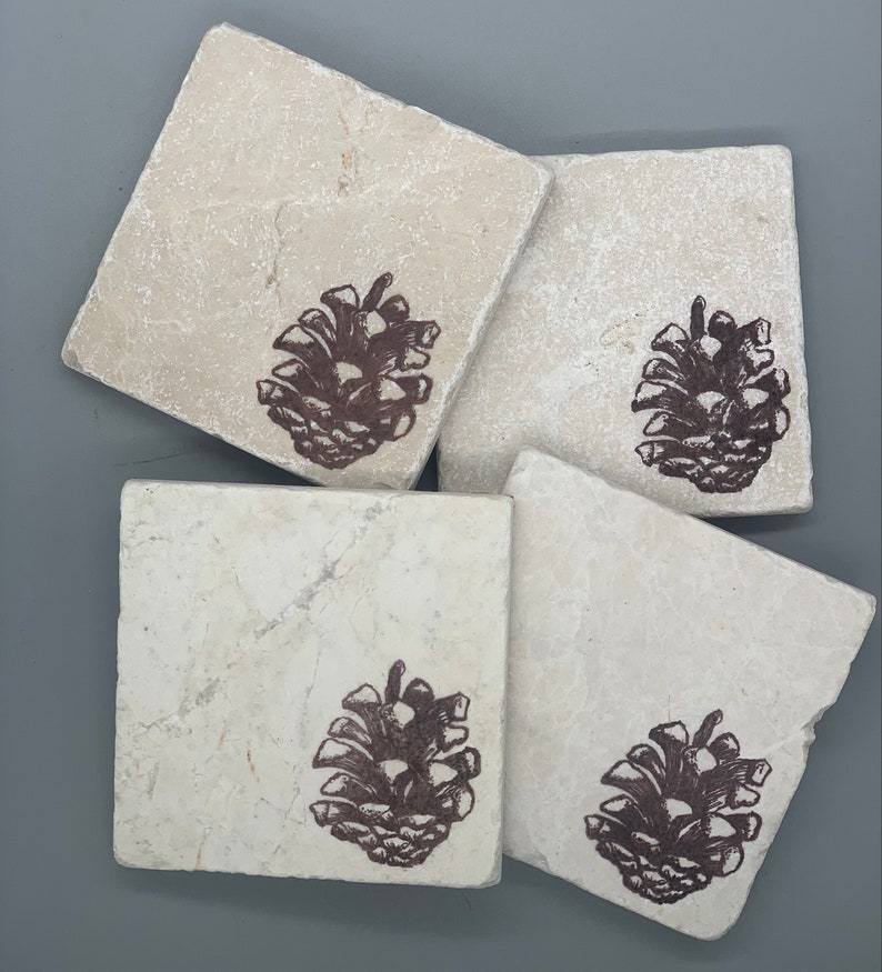 Ski Lodge Tumbled Marble Winter Pine Cone Coasters: Simple Rustic Elegance Gift Him Her Cabin Decor Mountain Home Lake House Woodland