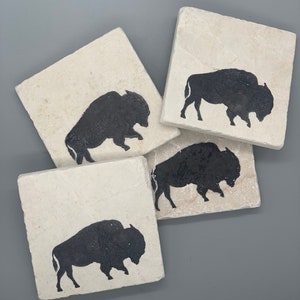 Tumbled Marble Buffalo Bison Coasters: Gifts Him, Western Decor, Cowboy, Lodge, Cabin, Ranch, Wyoming,Dakota, Big Sky,Yellowstone,Montana
