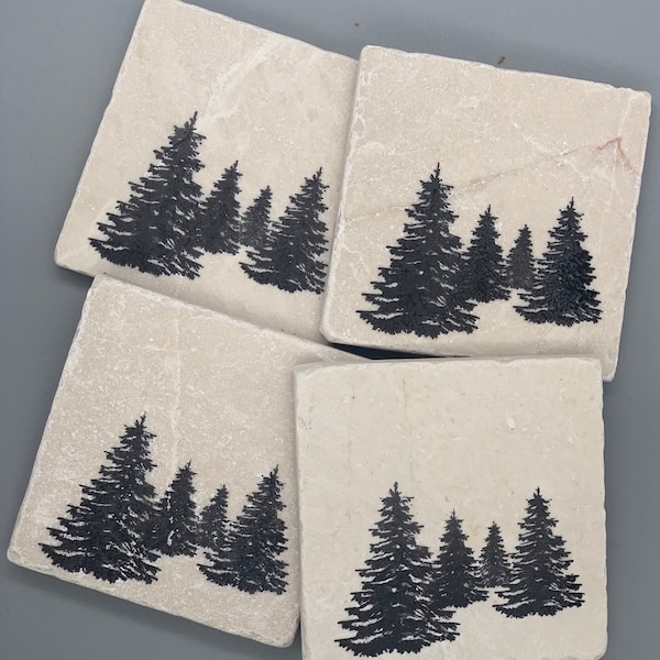 Tumble Marble Pine Tree Coasters: Nature Decor, Woods, Cabin, Lake Mountain Home, Ski Lodge, Gift Him Her,  Maine, NY, Colorado, California