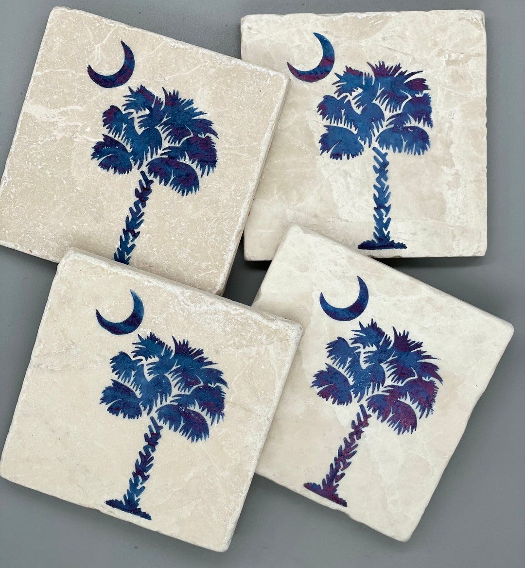 Handcrafted Tumbled Marble Palmetto Tree Moon South Carolina Coasters W