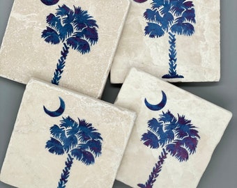 Handcrafted Tumbled Marble Palmetto Tree Moon South Carolina Coasters w/ Cork Backing: Hilton Head Beach House, Charleston, Low Country Gift
