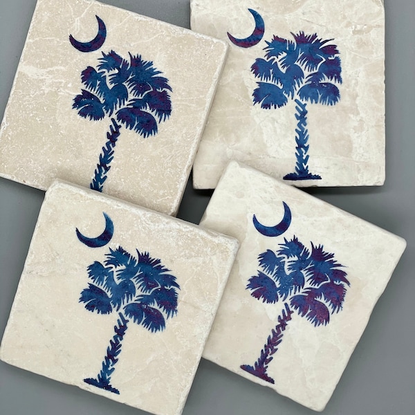 Handcrafted Tumbled Marble Palmetto Tree Moon South Carolina Coasters w/ Cork Backing: Hilton Head Beach House, Charleston, Low Country Gift