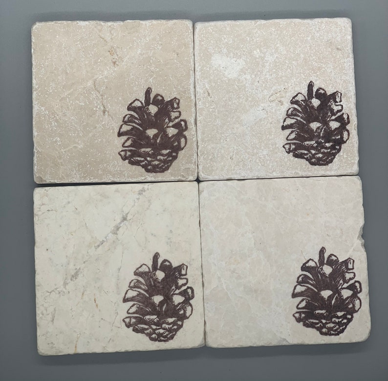 Ski Lodge Tumbled Marble Winter Pine Cone Coasters: Simple Rustic Elegance Gift Him Her Cabin Decor Mountain Home Lake House Woodland