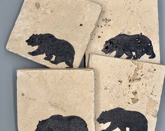 Rustic Black Bear Tumbled Travertine Limestone Coasters with Cork Backing: Cabin, Lake House, Mountain Lodge, Gift, Canada, Colorado, CA