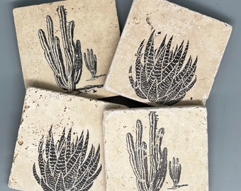 Rustic Handcrafted Tumbled Limestone Succulent Cactus Aloe Vera Coasters w/ Cork Backing: Desert, Present, Gift, Western Decor, Desert