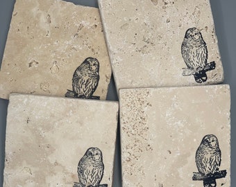 Rustic Tumbled Limestone Owl Coasters: Farmhouse Decor,  Fall Autumn Decor, Cabin Lake House, Gift Him Her, Gift Under 40, Halloween, Lodge